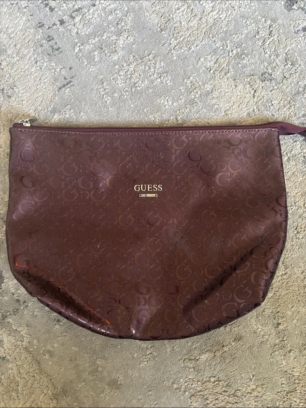 GUESS Burgundy Monogram Zip Pouch with Gold Plaque